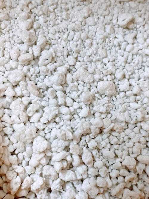 Close-up of perlite, a lightweight, white, volcanic rock used in gardening to improve soil aeration and drainage.